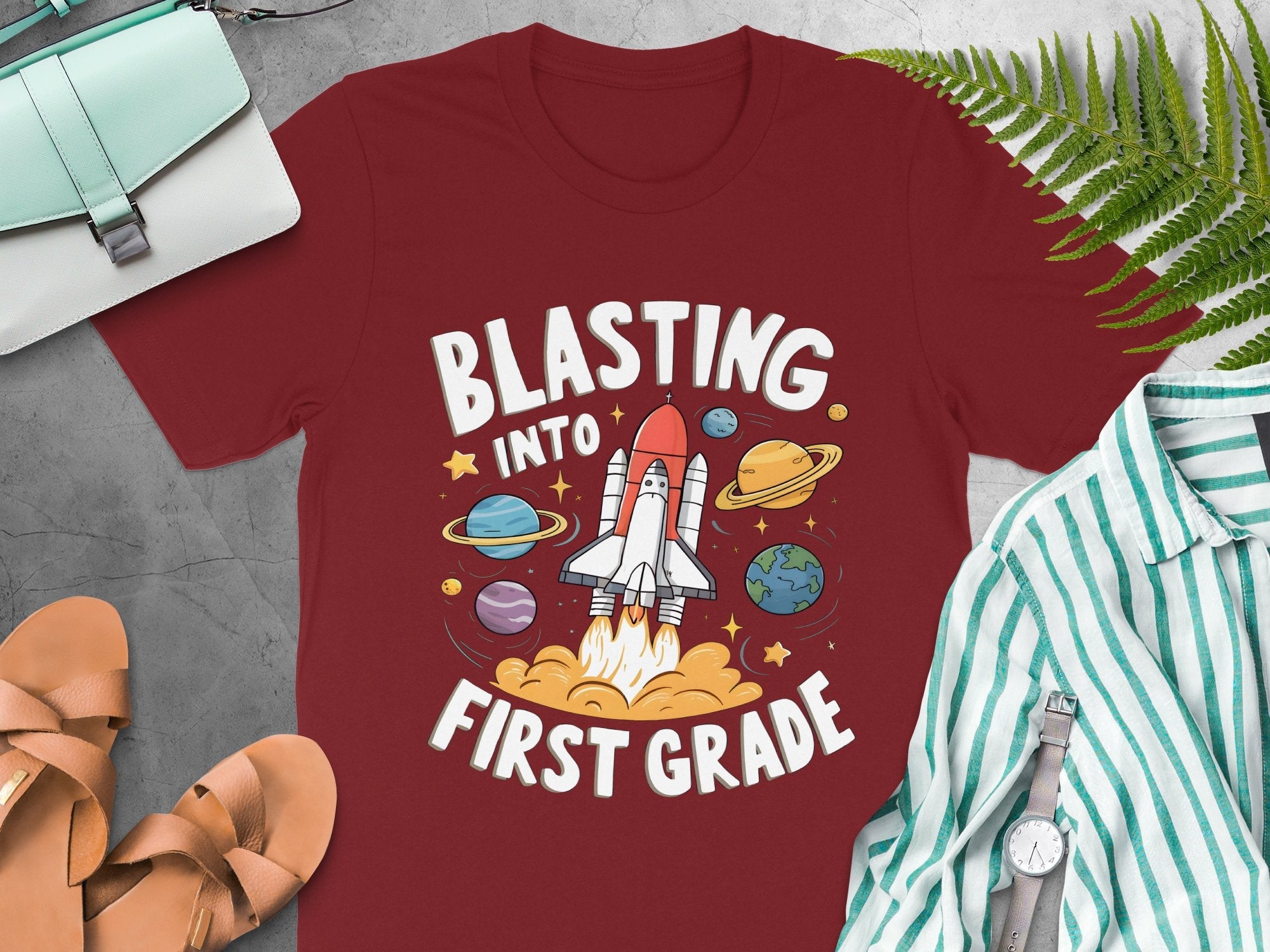 Blasting Into First Grade T - Shirt, Cute Space Rocket Kids Shirt, Back To School T - Shirt, 1st Grade Shirt, Teacher Approved Design - Miramor