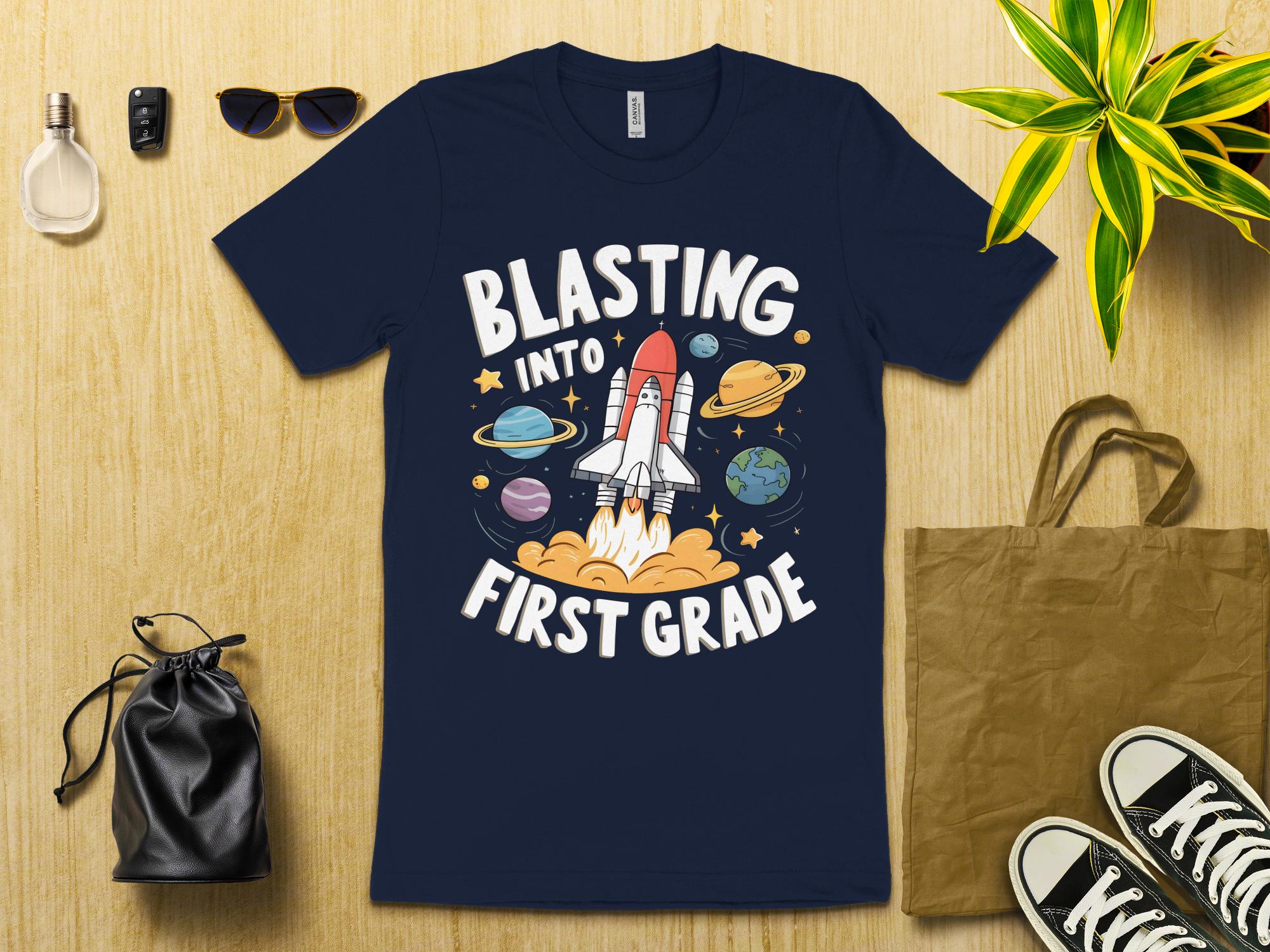 Blasting Into First Grade T - Shirt, Cute Space Rocket Kids Shirt, Back To School T - Shirt, 1st Grade Shirt, Teacher Approved Design - Miramor