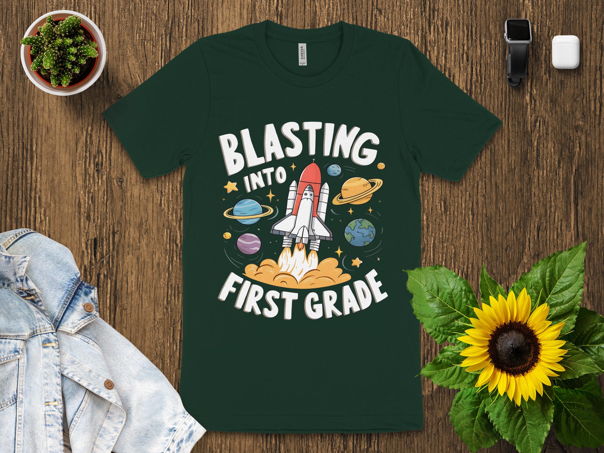 Blasting Into First Grade T - Shirt, Cute Space Rocket Kids Shirt, Back To School T - Shirt, 1st Grade Shirt, Teacher Approved Design - Miramor