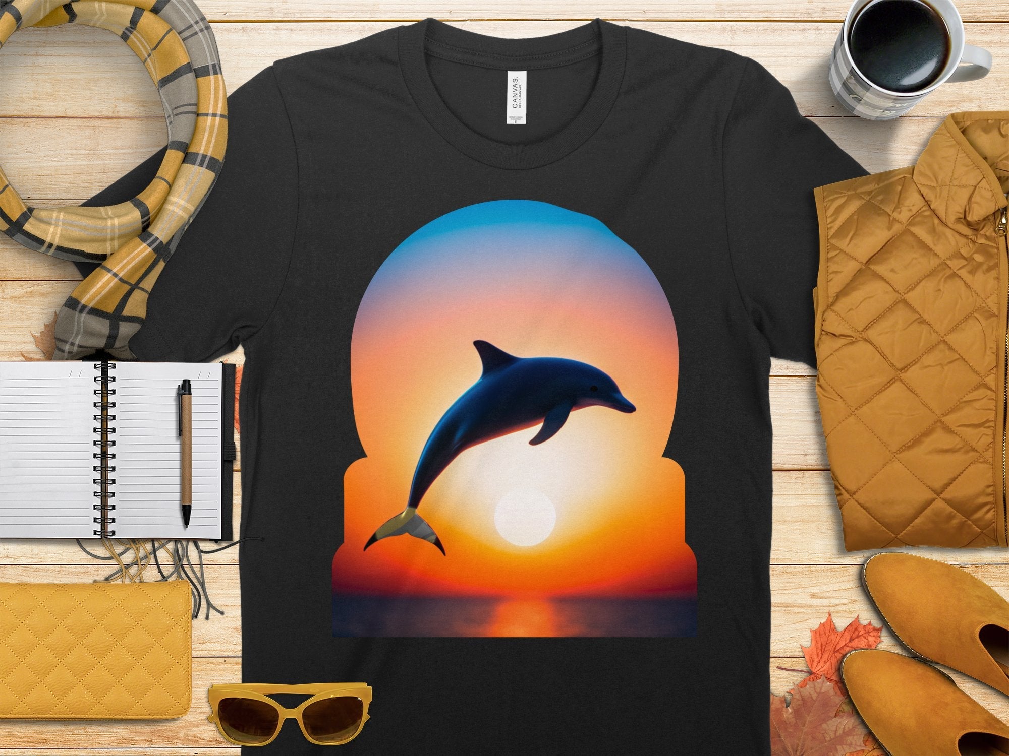 Dolphin Sunset T - Shirt, Ocean Life Tee, Marine Animal Shirt, Nature Lover Gift, Vibrant Sunset Dolphin Print, Artistic Beachwear - Miramor