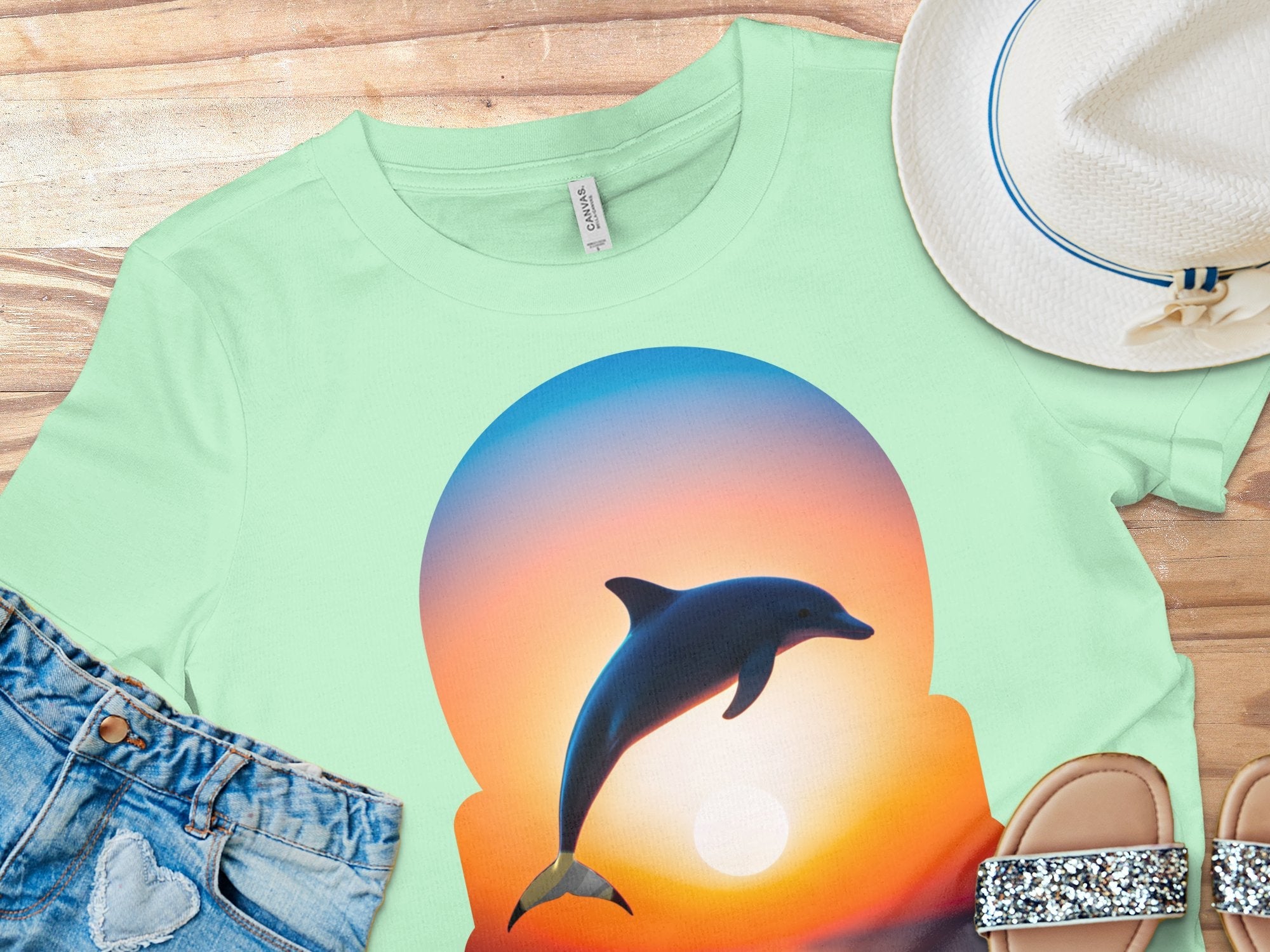 Dolphin Sunset T - Shirt, Ocean Life Tee, Marine Animal Shirt, Nature Lover Gift, Vibrant Sunset Dolphin Print, Artistic Beachwear - Miramor