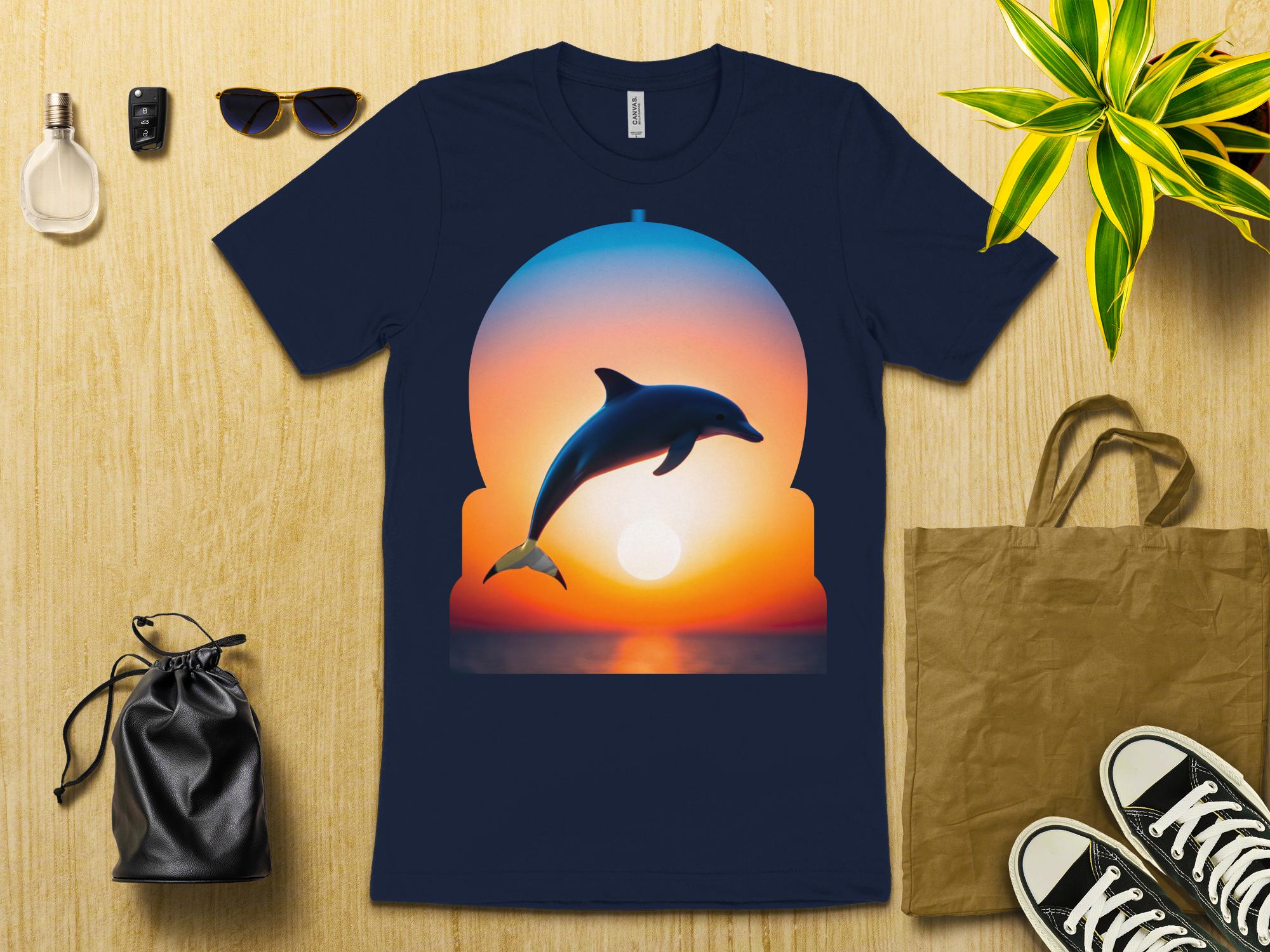 Dolphin Sunset T - Shirt, Ocean Life Tee, Marine Animal Shirt, Nature Lover Gift, Vibrant Sunset Dolphin Print, Artistic Beachwear - Miramor