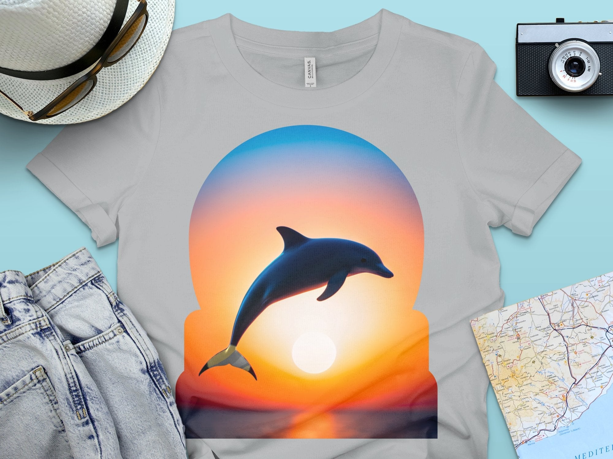 Dolphin Sunset T - Shirt, Ocean Life Tee, Marine Animal Shirt, Nature Lover Gift, Vibrant Sunset Dolphin Print, Artistic Beachwear - Miramor