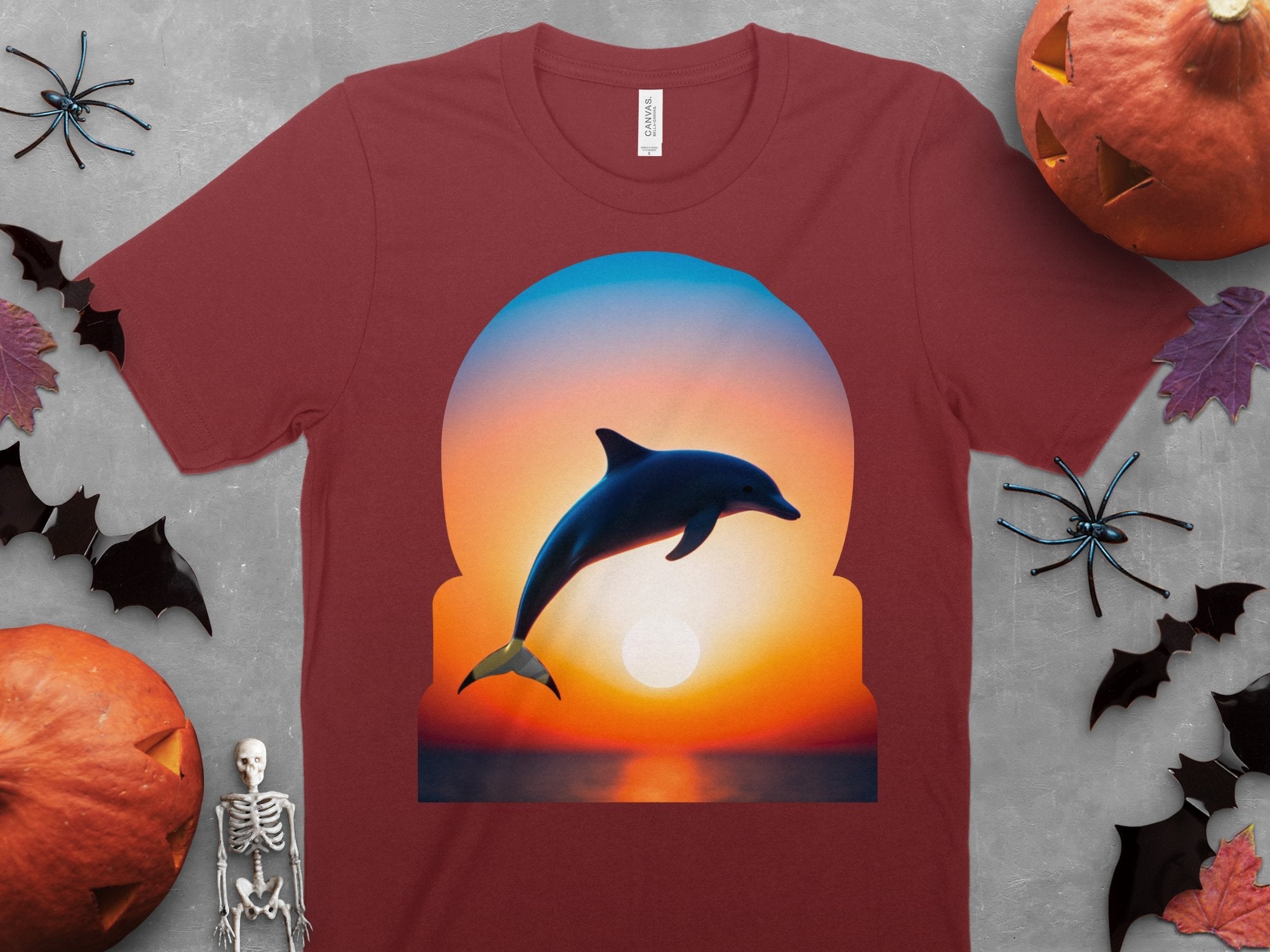 Dolphin Sunset T - Shirt, Ocean Life Tee, Marine Animal Shirt, Nature Lover Gift, Vibrant Sunset Dolphin Print, Artistic Beachwear - Miramor