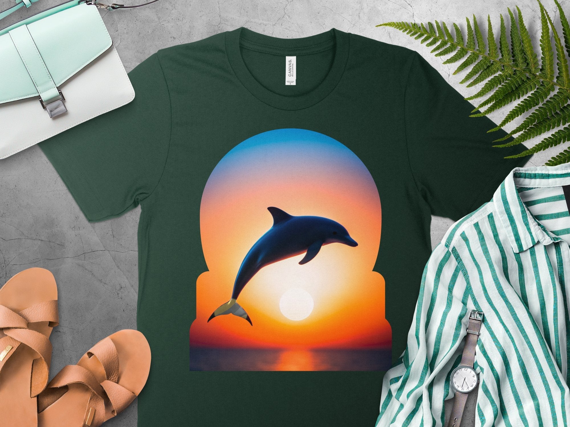 Dolphin Sunset T - Shirt, Ocean Life Tee, Marine Animal Shirt, Nature Lover Gift, Vibrant Sunset Dolphin Print, Artistic Beachwear - Miramor