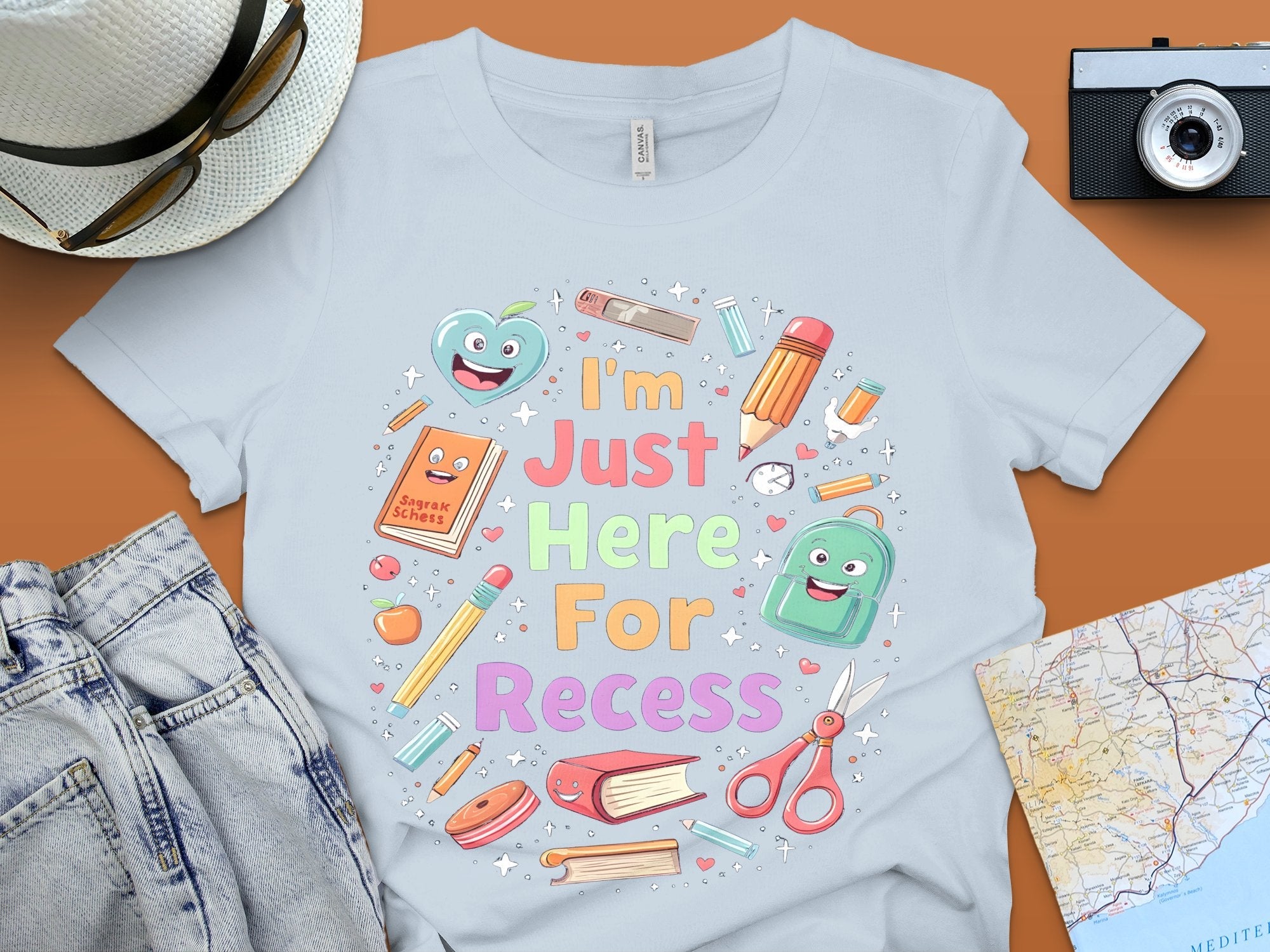 Fun Back to School T - Shirt, I'm Just Here for Recess Shirt, Cute School Supplies Shirt, Teacher Gift, Kid's Funny School Shirt - Miramor