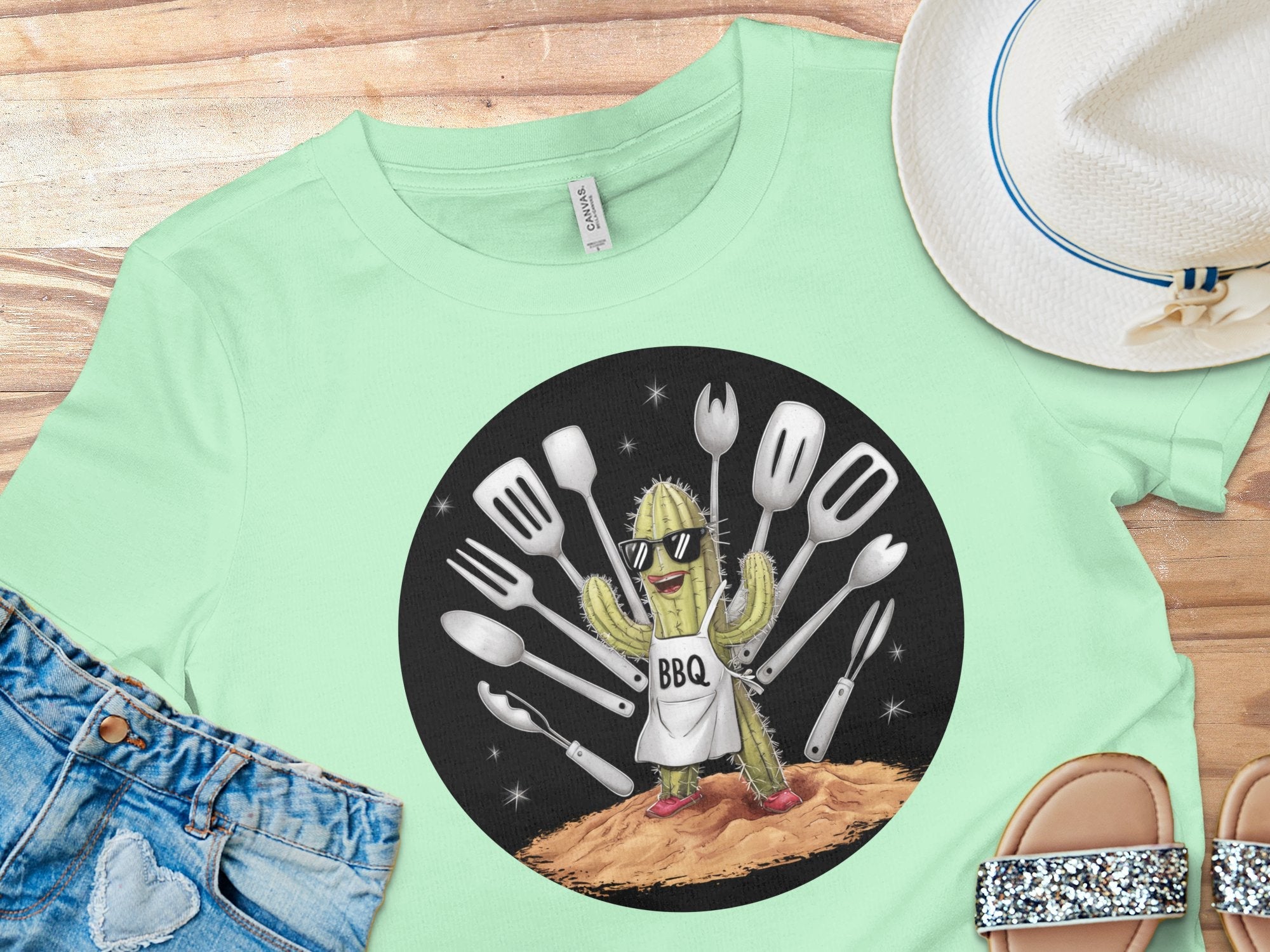 Funny BBQ Cactus Chef T - Shirt, Grill Master TShirt, BBQ Enthusiast Tee, Humorous Cooking Shirt, Backyard Barbecue Tee, Mens - Womens T - Shirt - Miramor