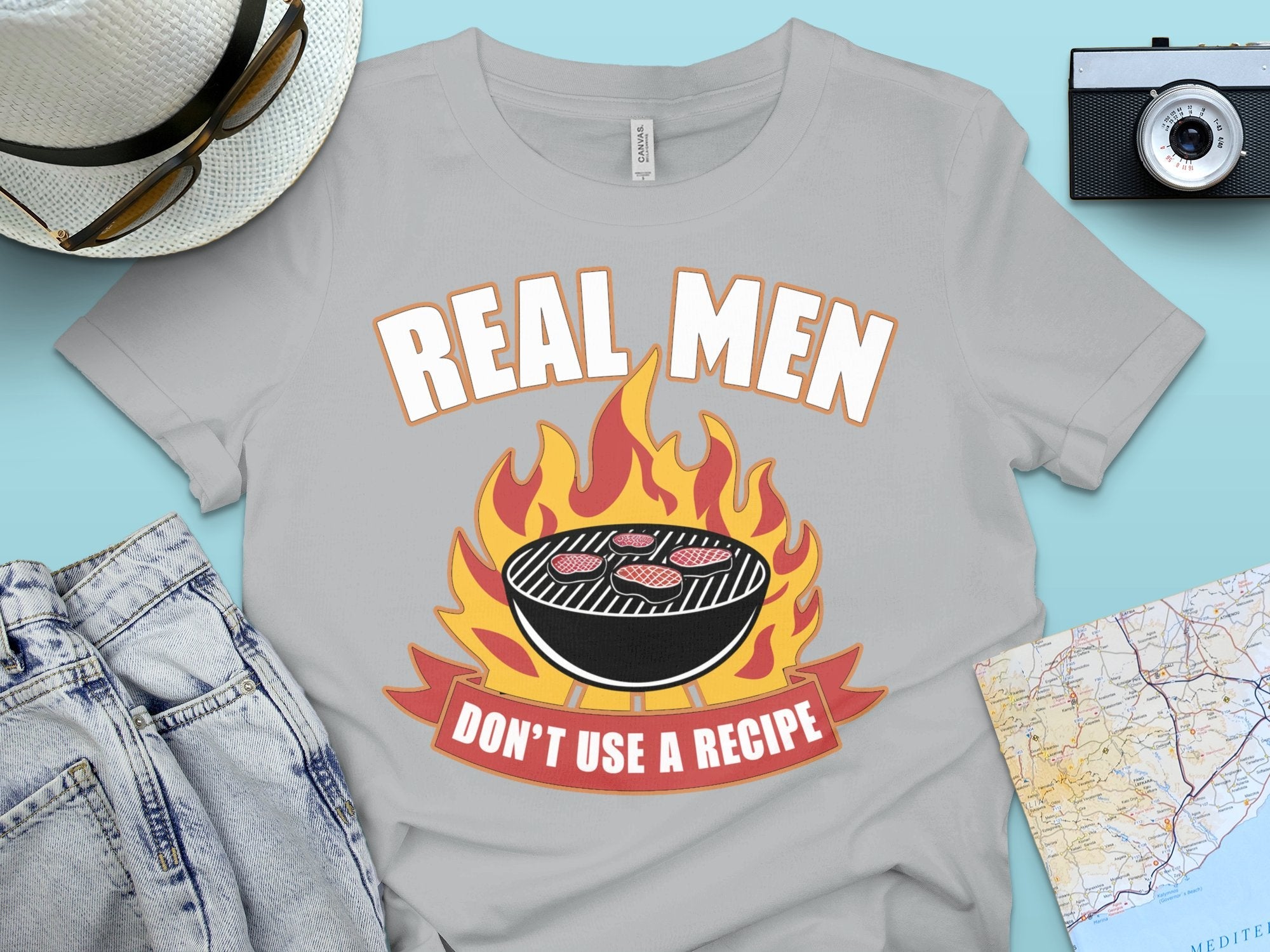 Funny BBQ T - Shirt, Real Men Don't Use A Recipe Tee, Grilling Enthusiast Shirt, Outdoor Cooking Humor T - Shirt, Bold Statement Tee - Miramor