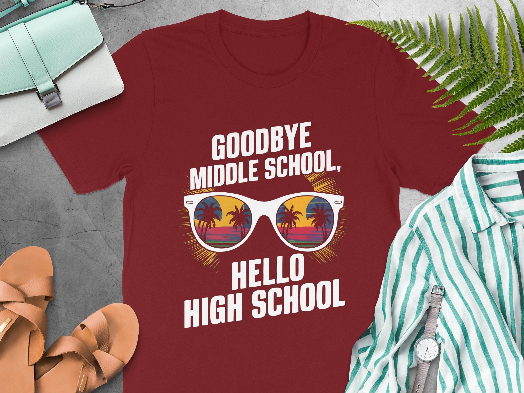 Goodbye Middle School Hello High School T - Shirt, Fun Teen Graduation Tee, Cool Shades Graphic Shirt, High School Student Gift - Miramor