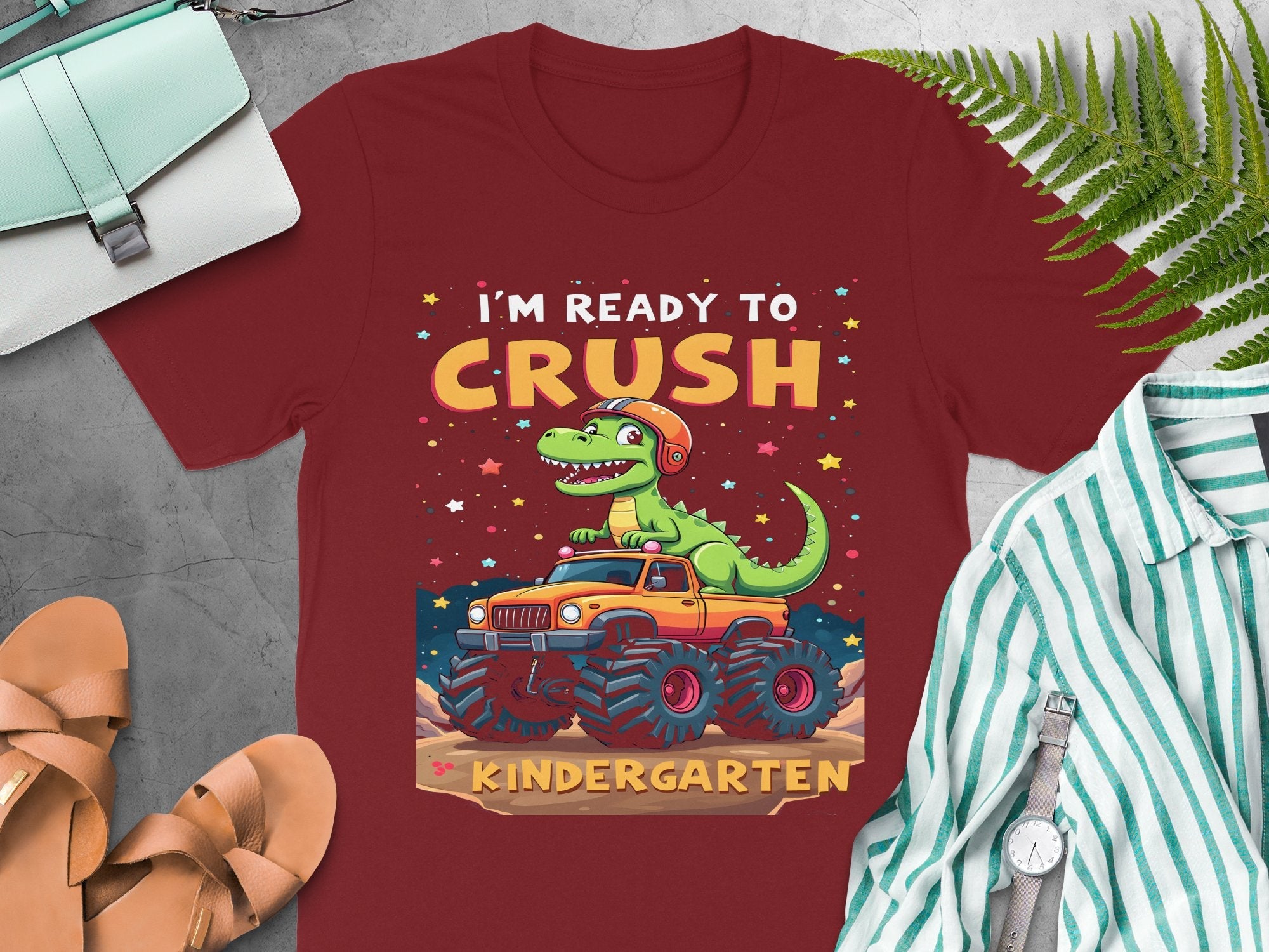 I'm Ready to Crush Kindergarten T - Shirt, Fun Dino and Monster Truck Shirt, Back to School Kids T - Shirt, Cute Dinosaur Design - Miramor