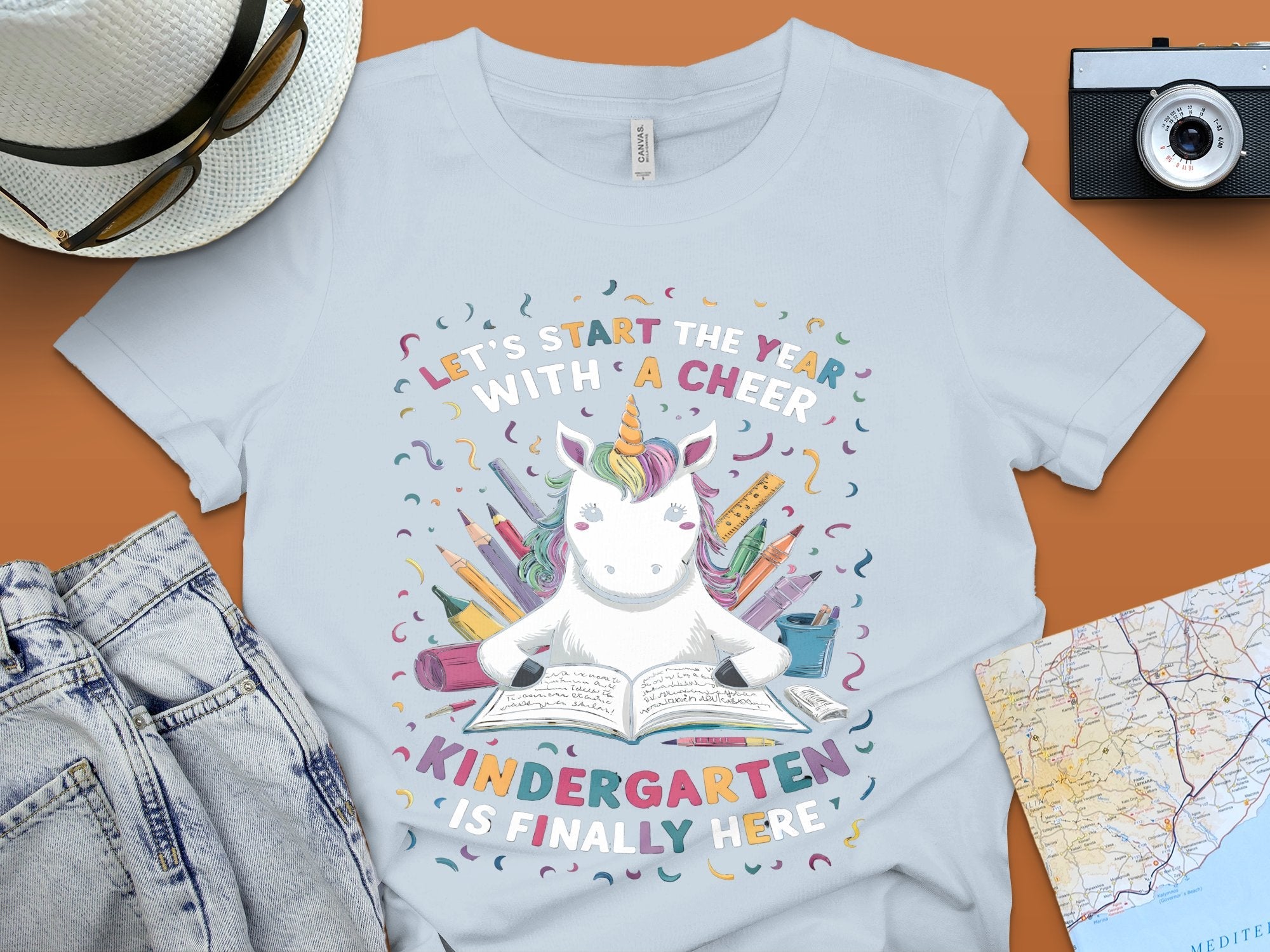 Let's Start The Year With A Cheer Kindergarten Is Finally Here Cute Unicorn Back To School T - Shirt - Miramor