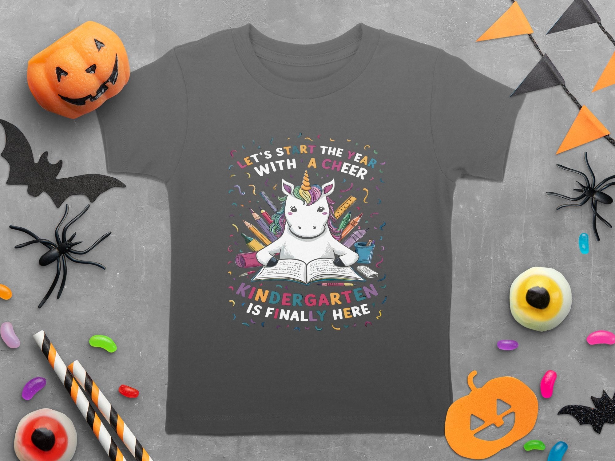 Let's Start The Year With A Cheer Kindergarten Is Finally Here Cute Unicorn Back To School T - Shirt - Miramor