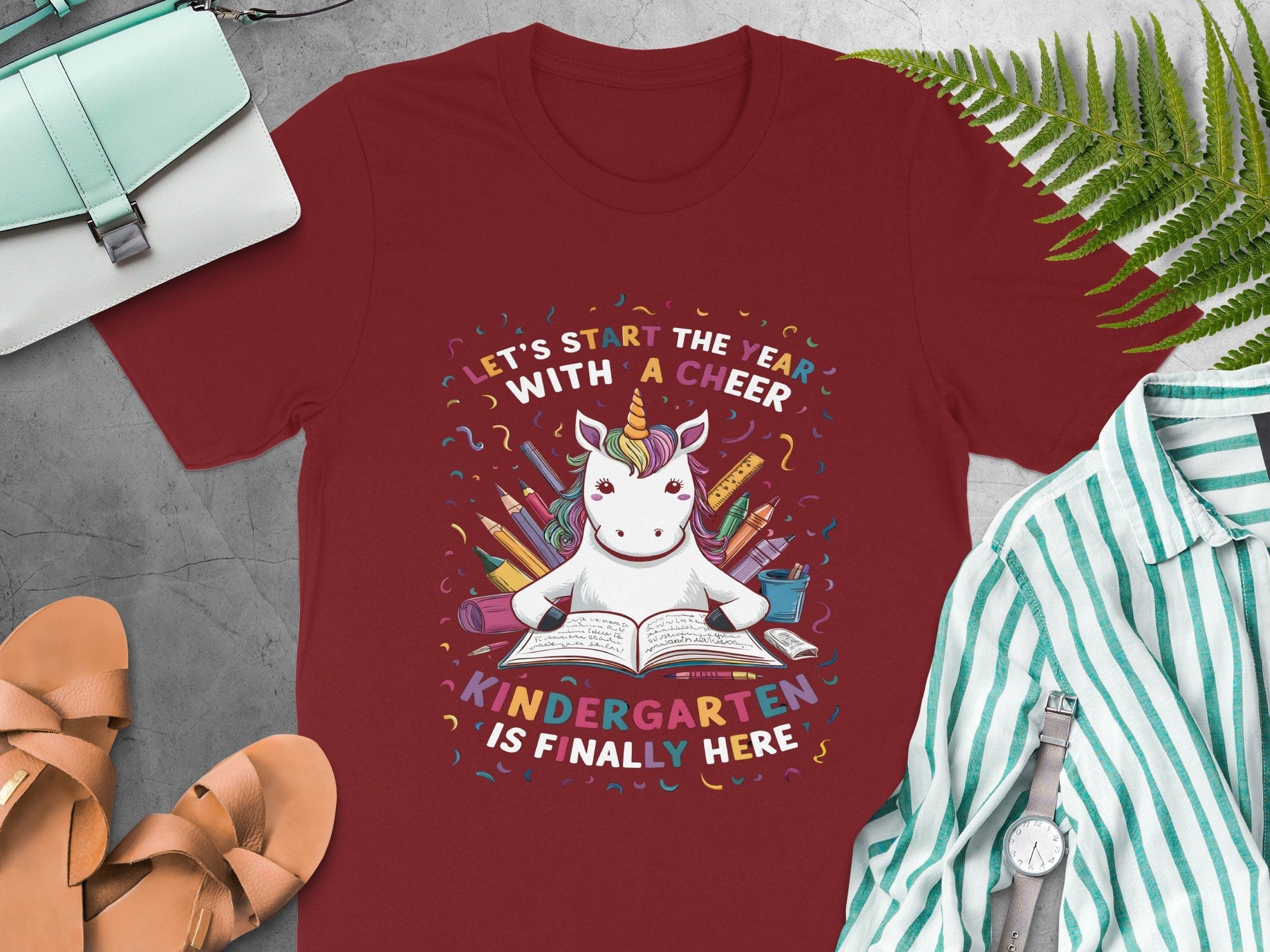 Let's Start The Year With A Cheer Kindergarten Is Finally Here Cute Unicorn Back To School T - Shirt - Miramor