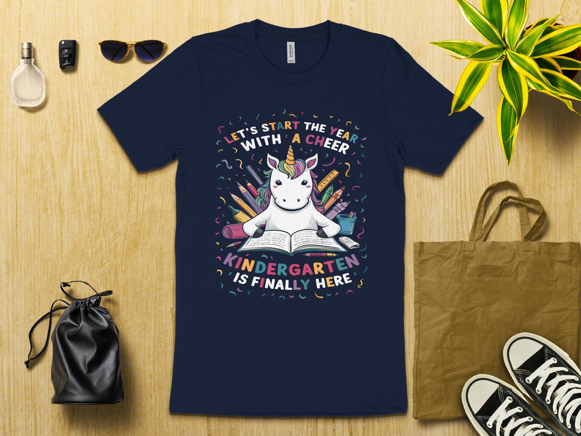 Let's Start The Year With A Cheer Kindergarten Is Finally Here Cute Unicorn Back To School T - Shirt - Miramor