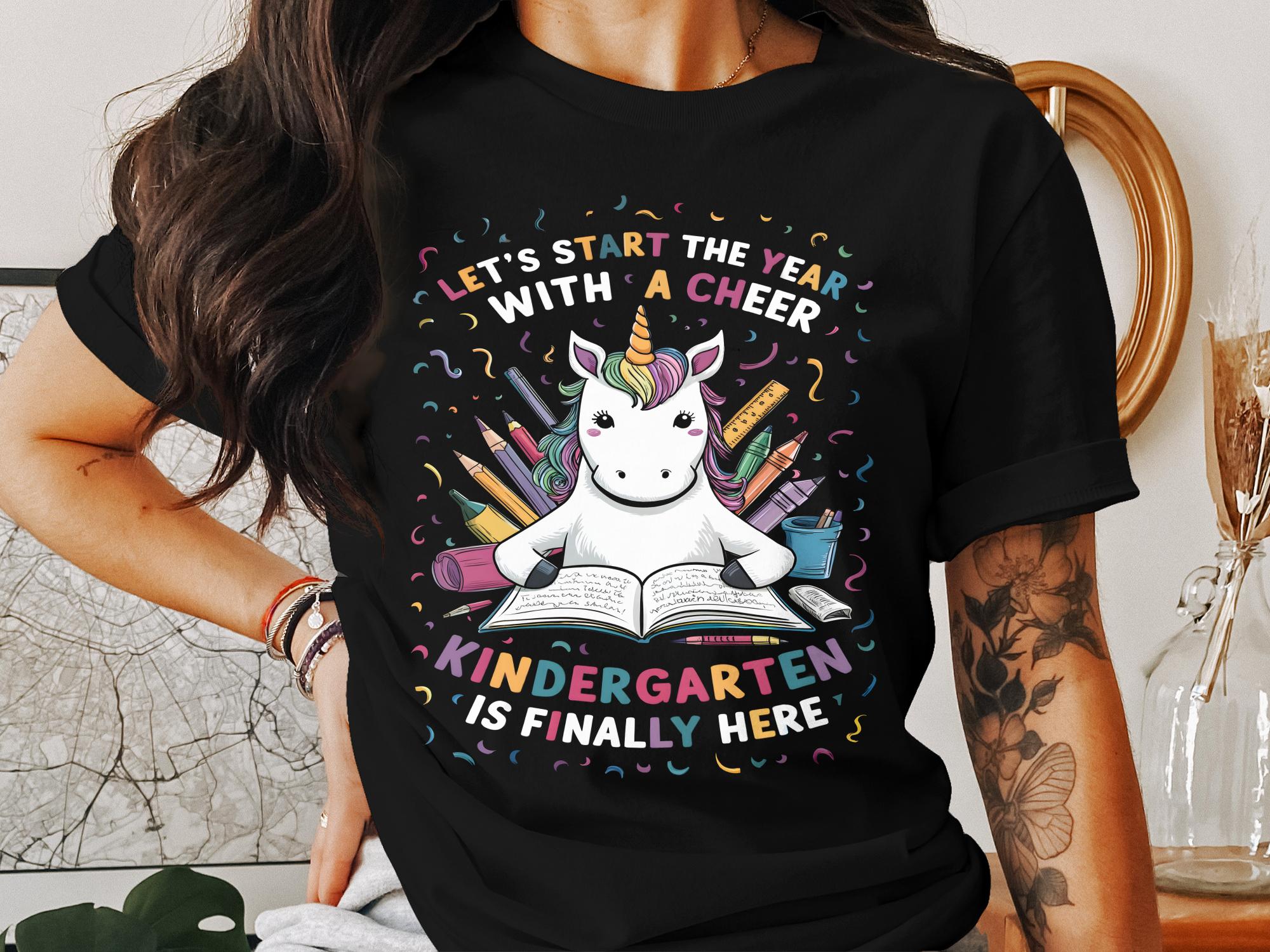 Let's Start The Year With A Cheer Kindergarten Is Finally Here Cute Unicorn Back To School T - Shirt - Miramor