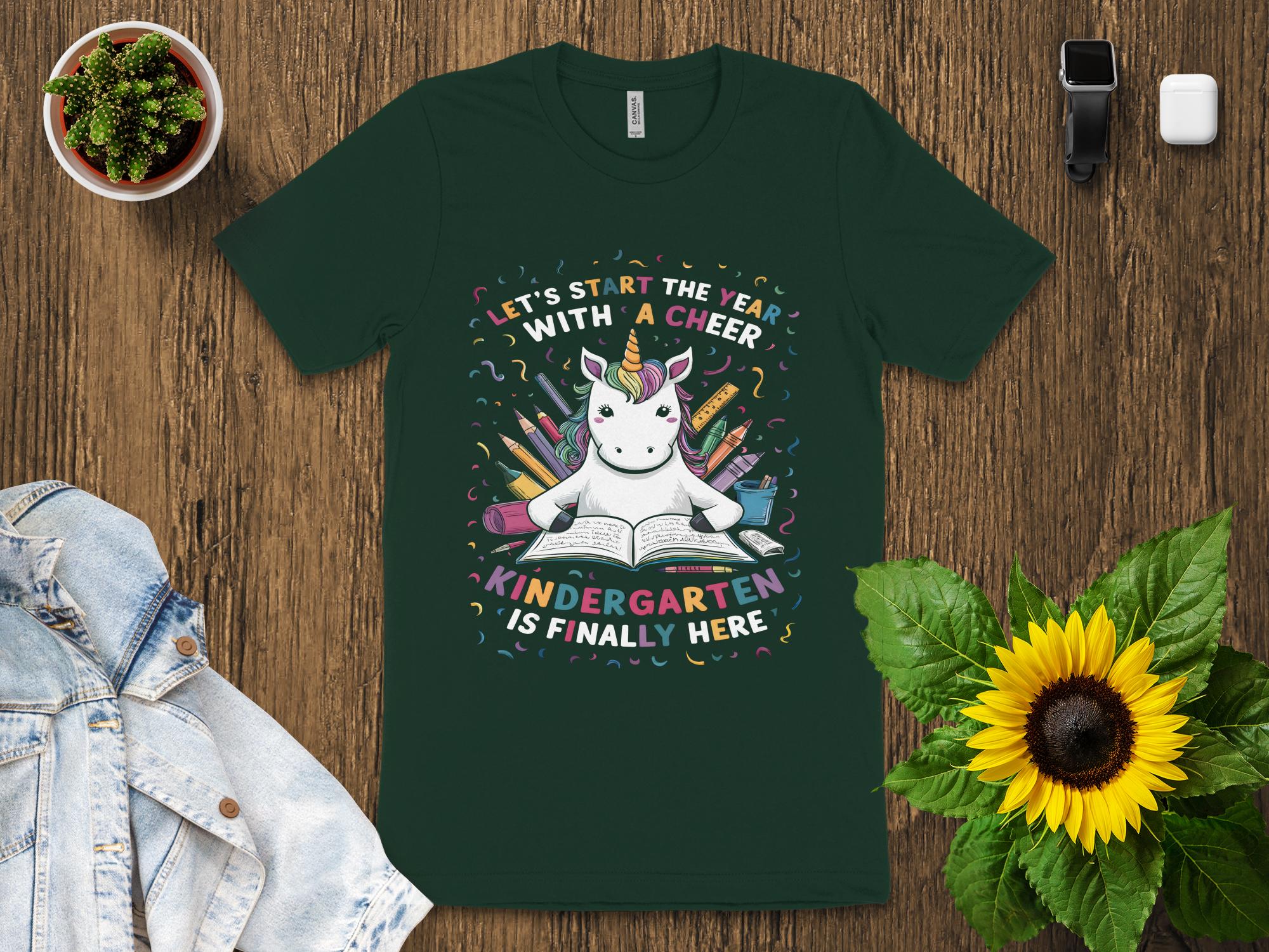 Let's Start The Year With A Cheer Kindergarten Is Finally Here Cute Unicorn Back To School T - Shirt - Miramor