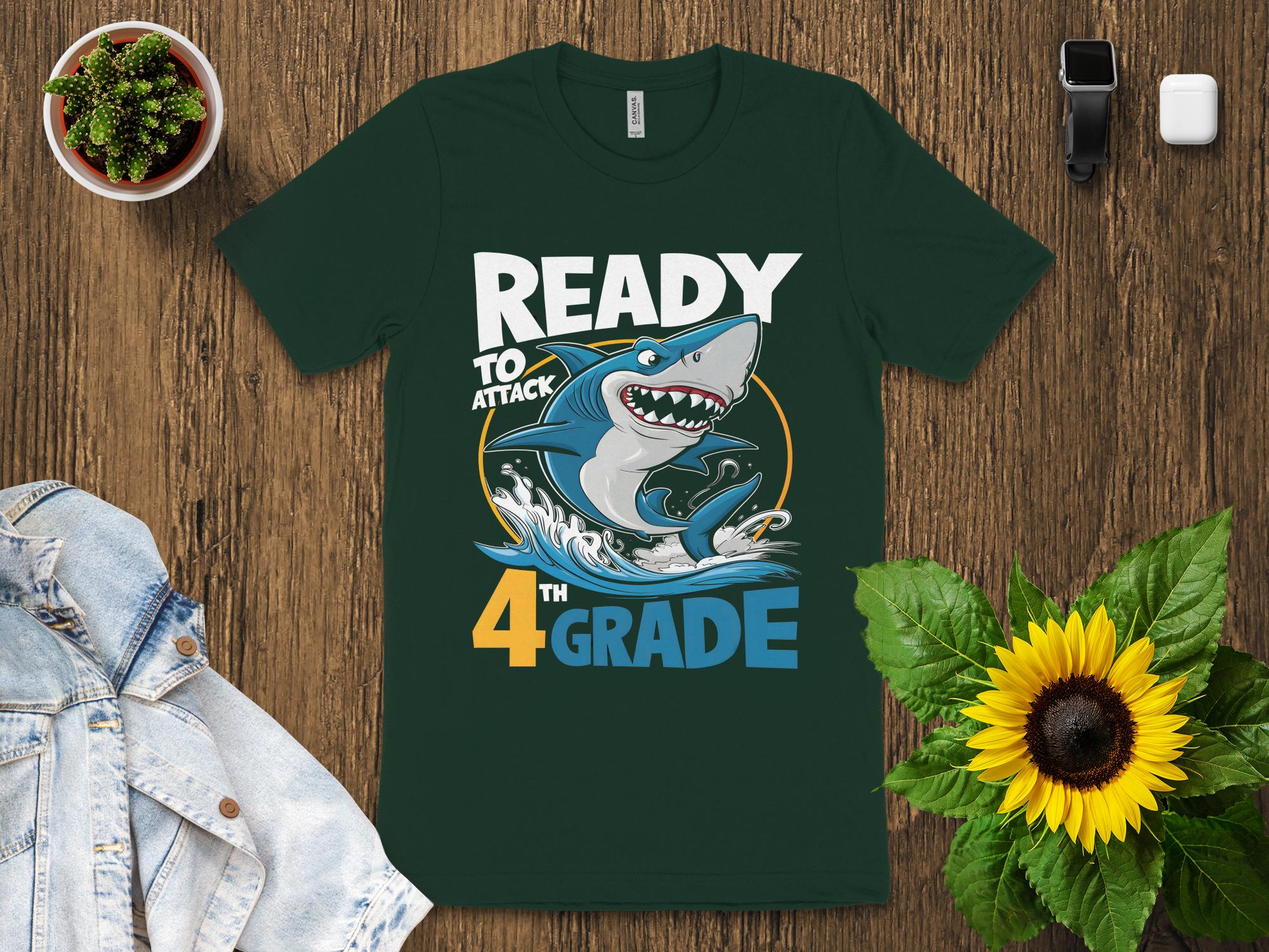 Ready to Attack 4th Grade Shark T - Shirt, Back to School Shark T - Shirt, Kids Graphic Tee, 4th Grade Gift Shirt, Fun and Cool Shark Tee - Miramor