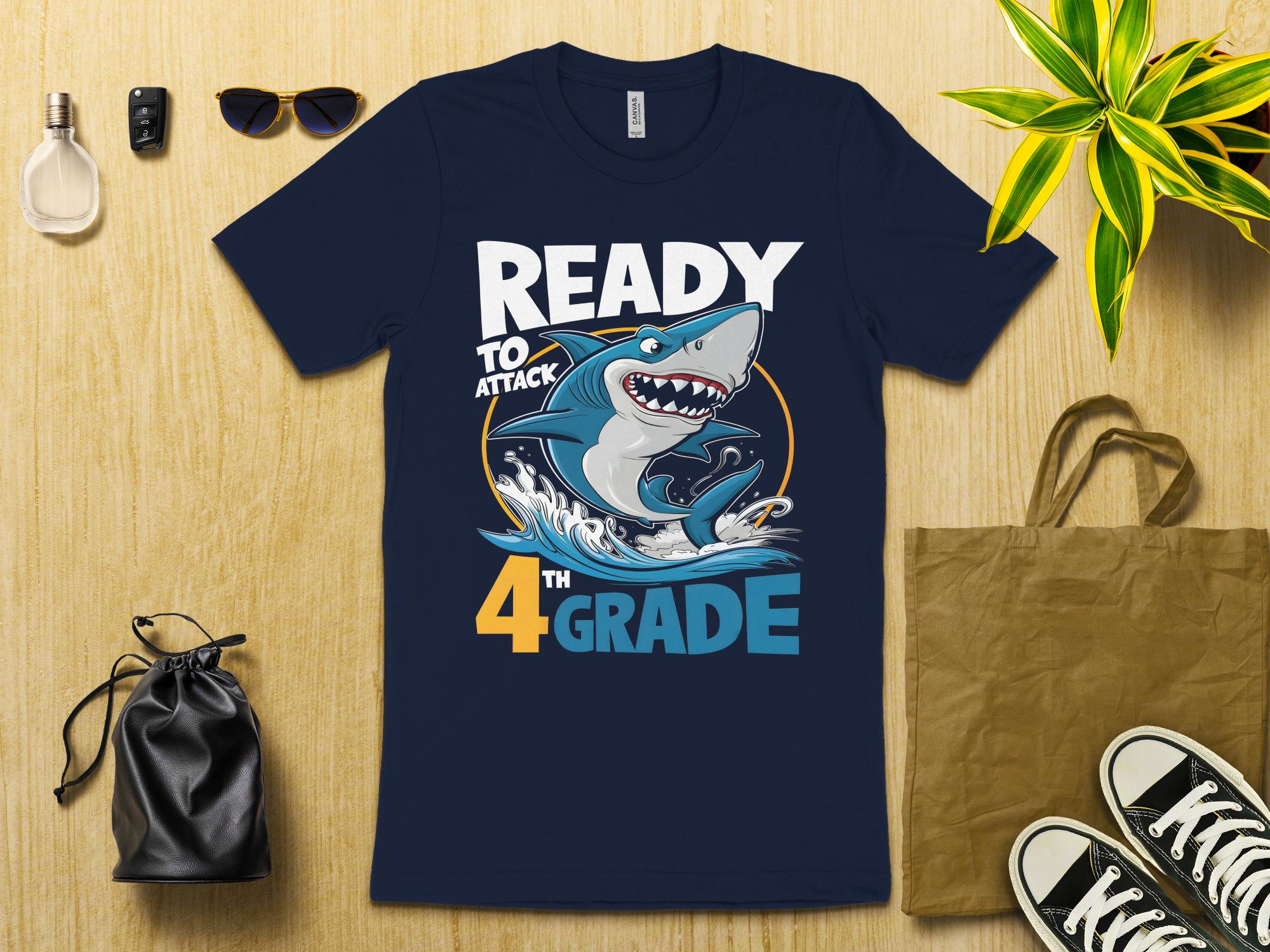 Ready to Attack 4th Grade Shark T - Shirt, Back to School Shark T - Shirt, Kids Graphic Tee, 4th Grade Gift Shirt, Fun and Cool Shark Tee - Miramor