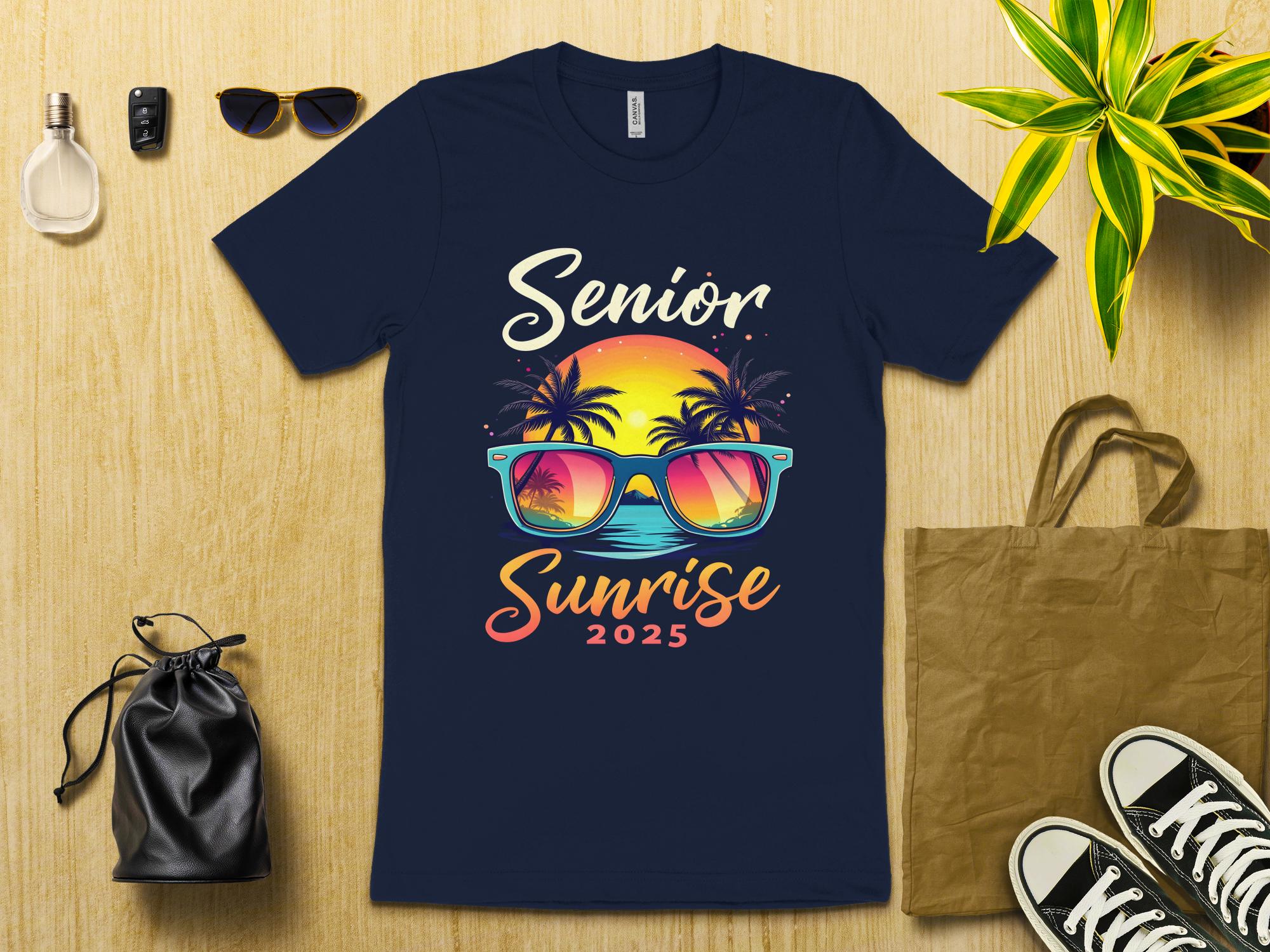 Senior Sunrise 2025 T - Shirt, Beach Sunset Graphic Tee, Class of 2025 T - Shirt, Vacation Vibes, Palm Trees, Sunglasses Shirt - Miramor