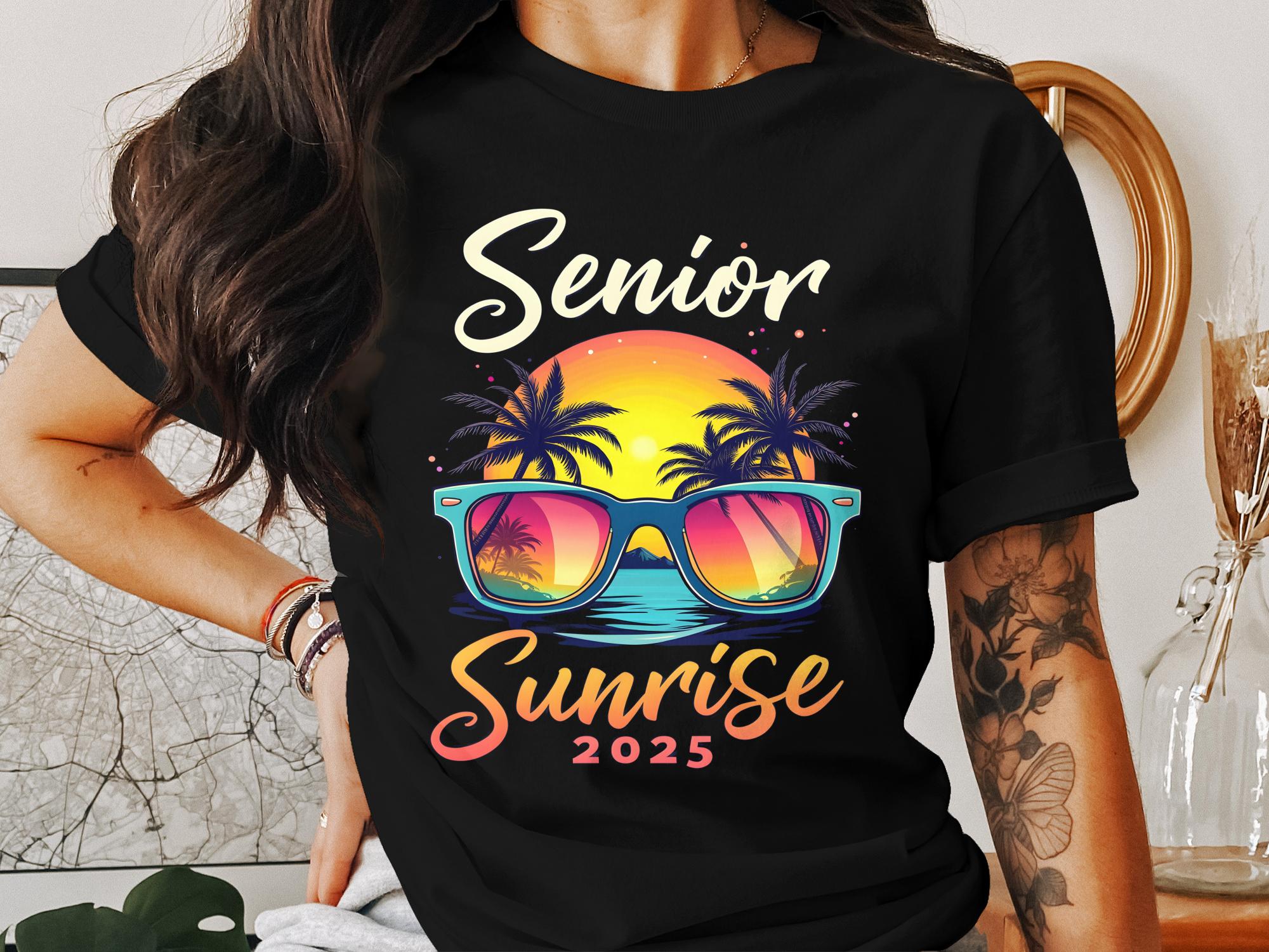 Senior Sunrise 2025 T - Shirt, Beach Sunset Graphic Tee, Class of 2025 T - Shirt, Vacation Vibes, Palm Trees, Sunglasses Shirt - Miramor