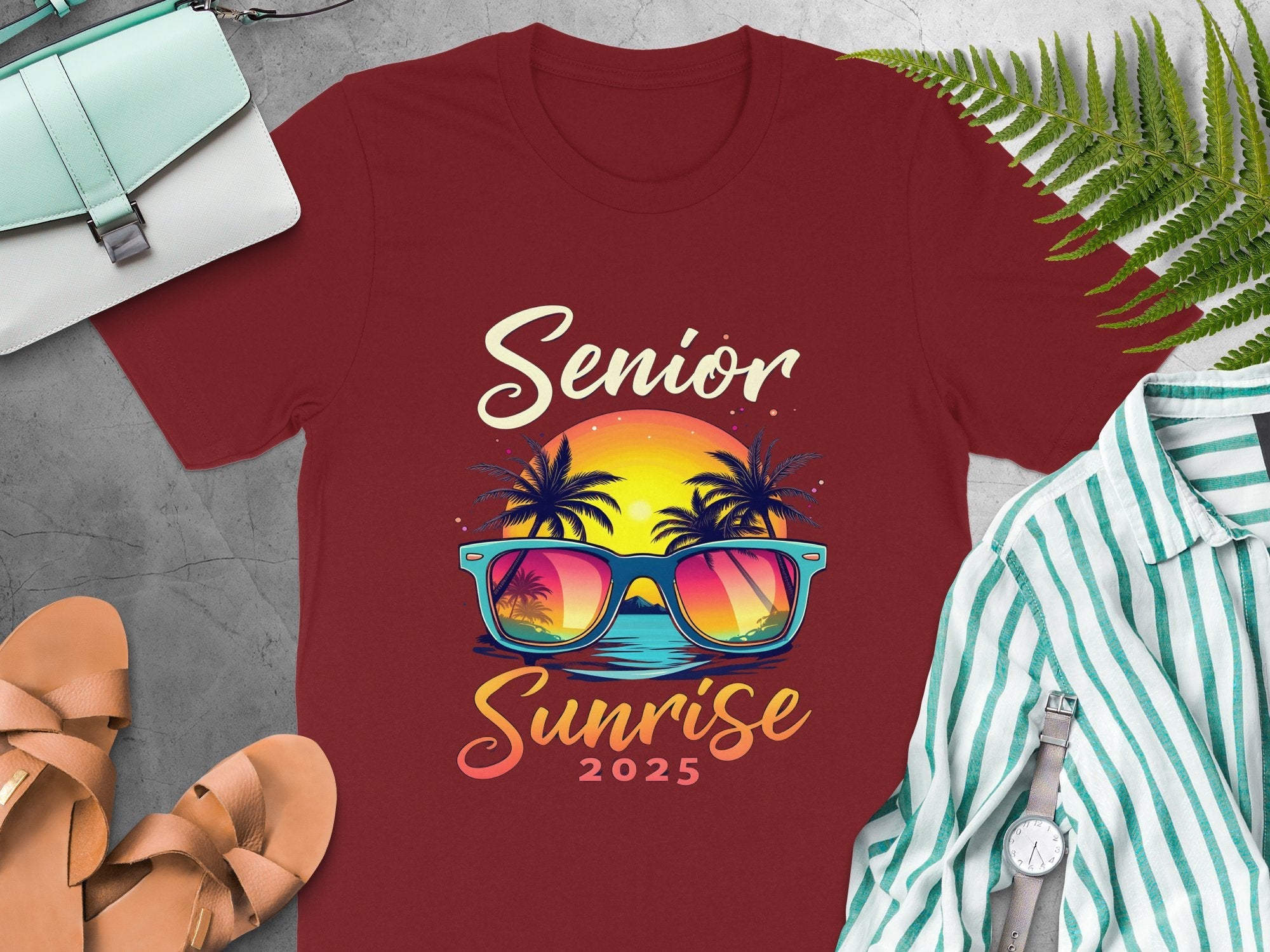 Senior Sunrise 2025 T - Shirt, Beach Sunset Graphic Tee, Class of 2025 T - Shirt, Vacation Vibes, Palm Trees, Sunglasses Shirt - Miramor