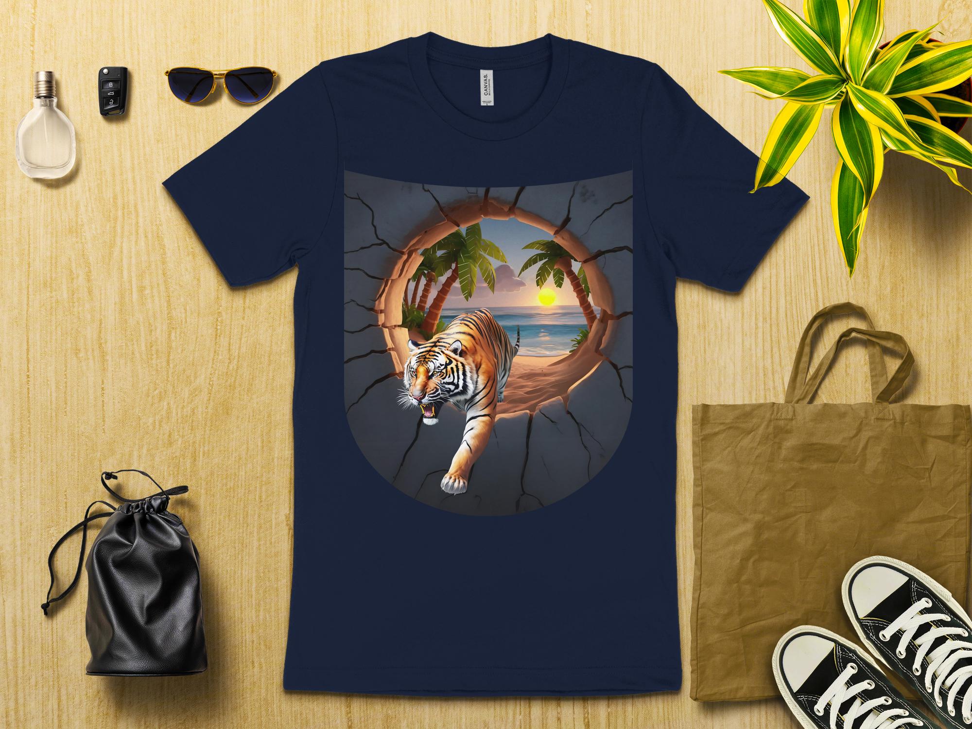 Tiger Beach Sunset T - Shirt, Tropical Adventure Graphic Tee, 3D Tiger Design, Surreal Beach Scene Shirt, Cool Animal Print Top, Unique Art - Miramor