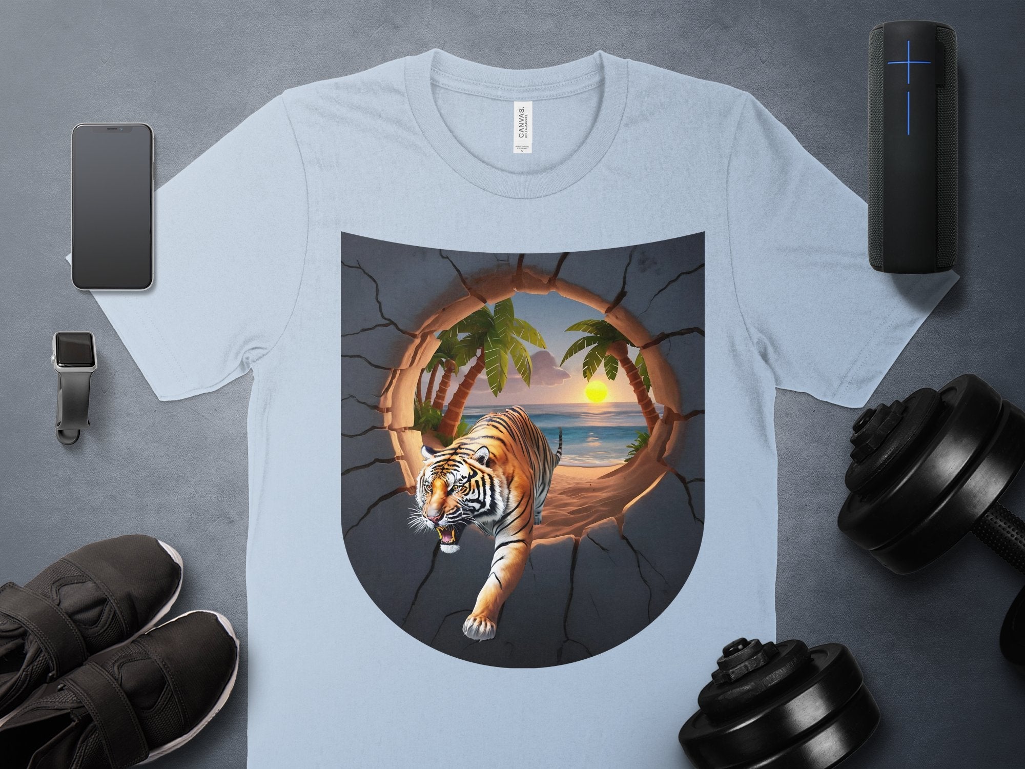 Tiger Beach Sunset T - Shirt, Tropical Adventure Graphic Tee, 3D Tiger Design, Surreal Beach Scene Shirt, Cool Animal Print Top, Unique Art - Miramor