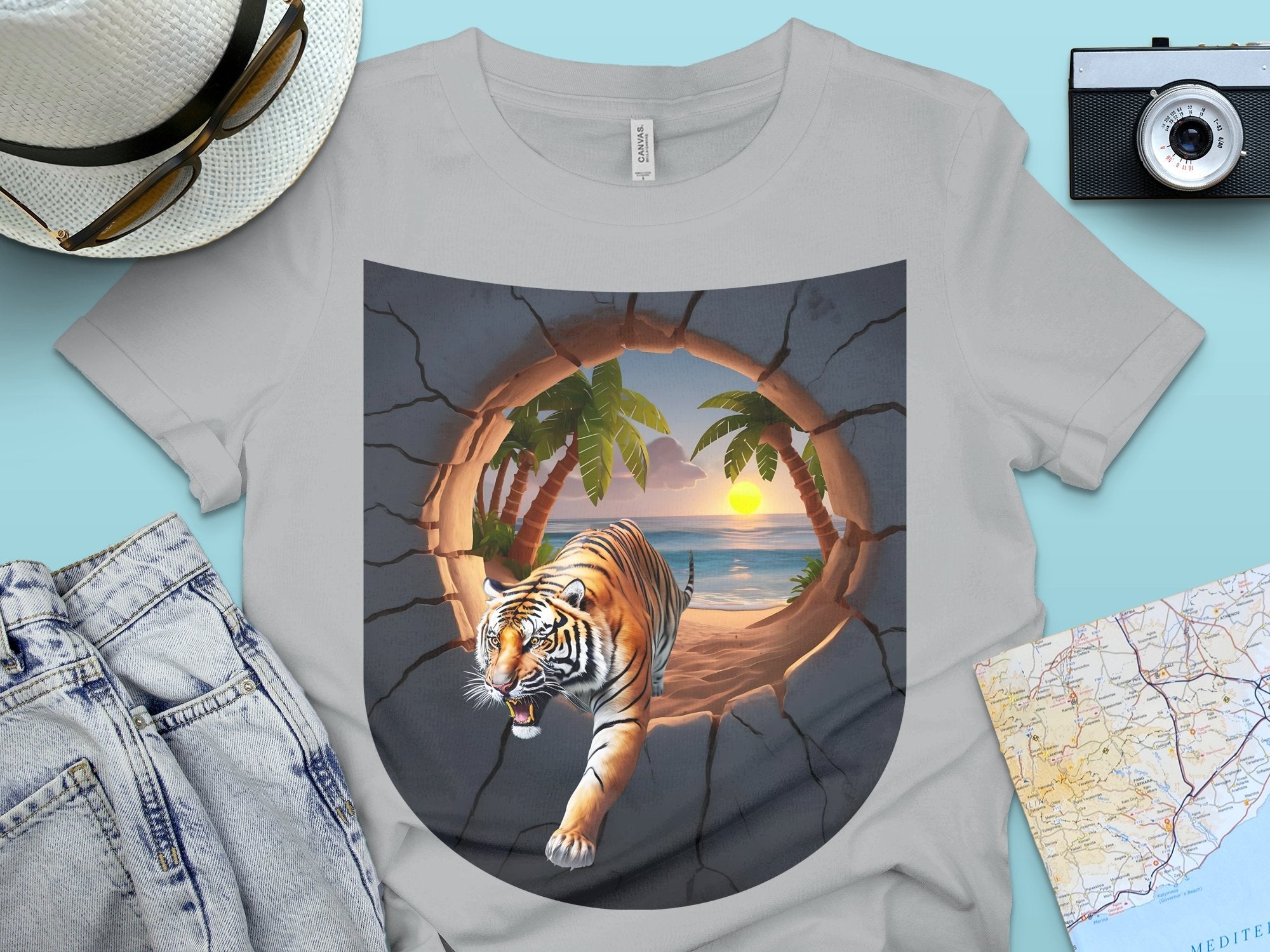 Tiger Beach Sunset T - Shirt, Tropical Adventure Graphic Tee, 3D Tiger Design, Surreal Beach Scene Shirt, Cool Animal Print Top, Unique Art - Miramor