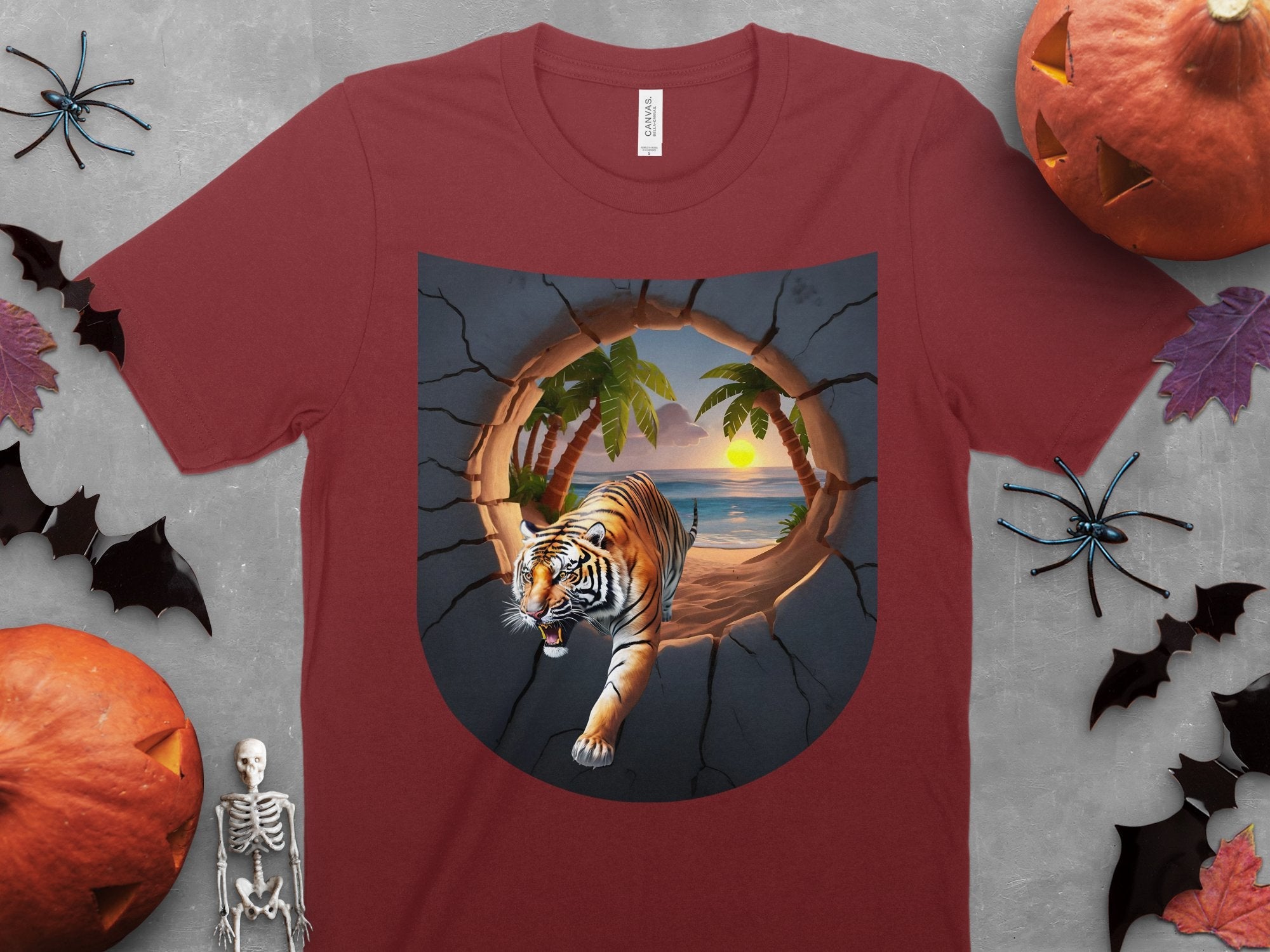 Tiger Beach Sunset T - Shirt, Tropical Adventure Graphic Tee, 3D Tiger Design, Surreal Beach Scene Shirt, Cool Animal Print Top, Unique Art - Miramor