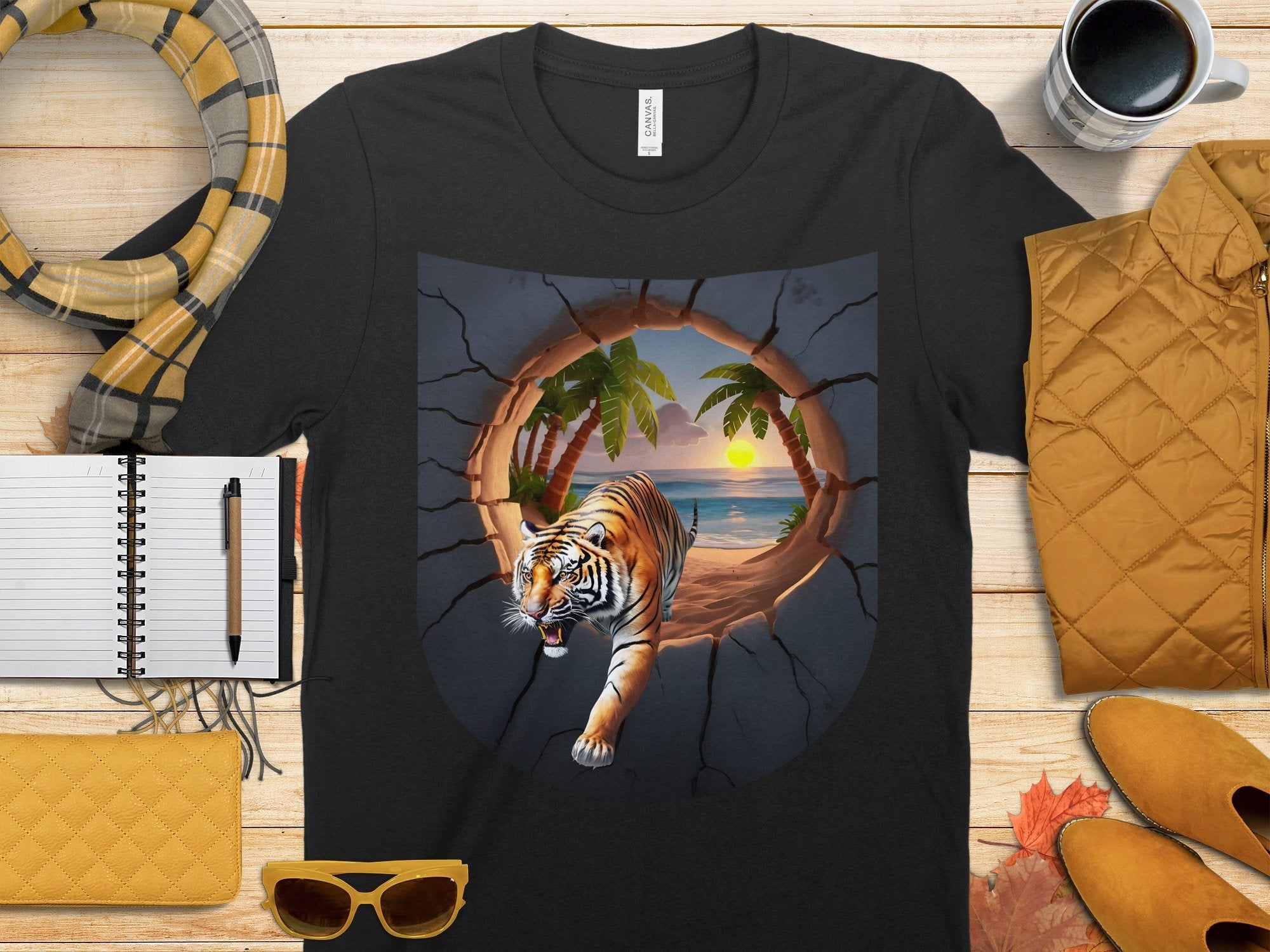 Tiger Beach Sunset T - Shirt, Tropical Adventure Graphic Tee, 3D Tiger Design, Surreal Beach Scene Shirt, Cool Animal Print Top, Unique Art - Miramor