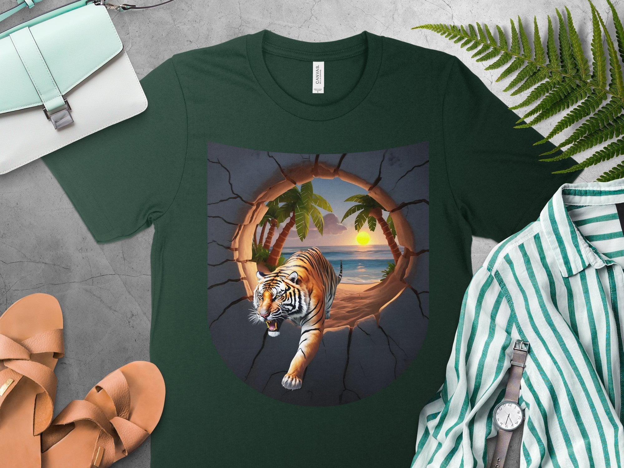 Tiger Beach Sunset T - Shirt, Tropical Adventure Graphic Tee, 3D Tiger Design, Surreal Beach Scene Shirt, Cool Animal Print Top, Unique Art - Miramor