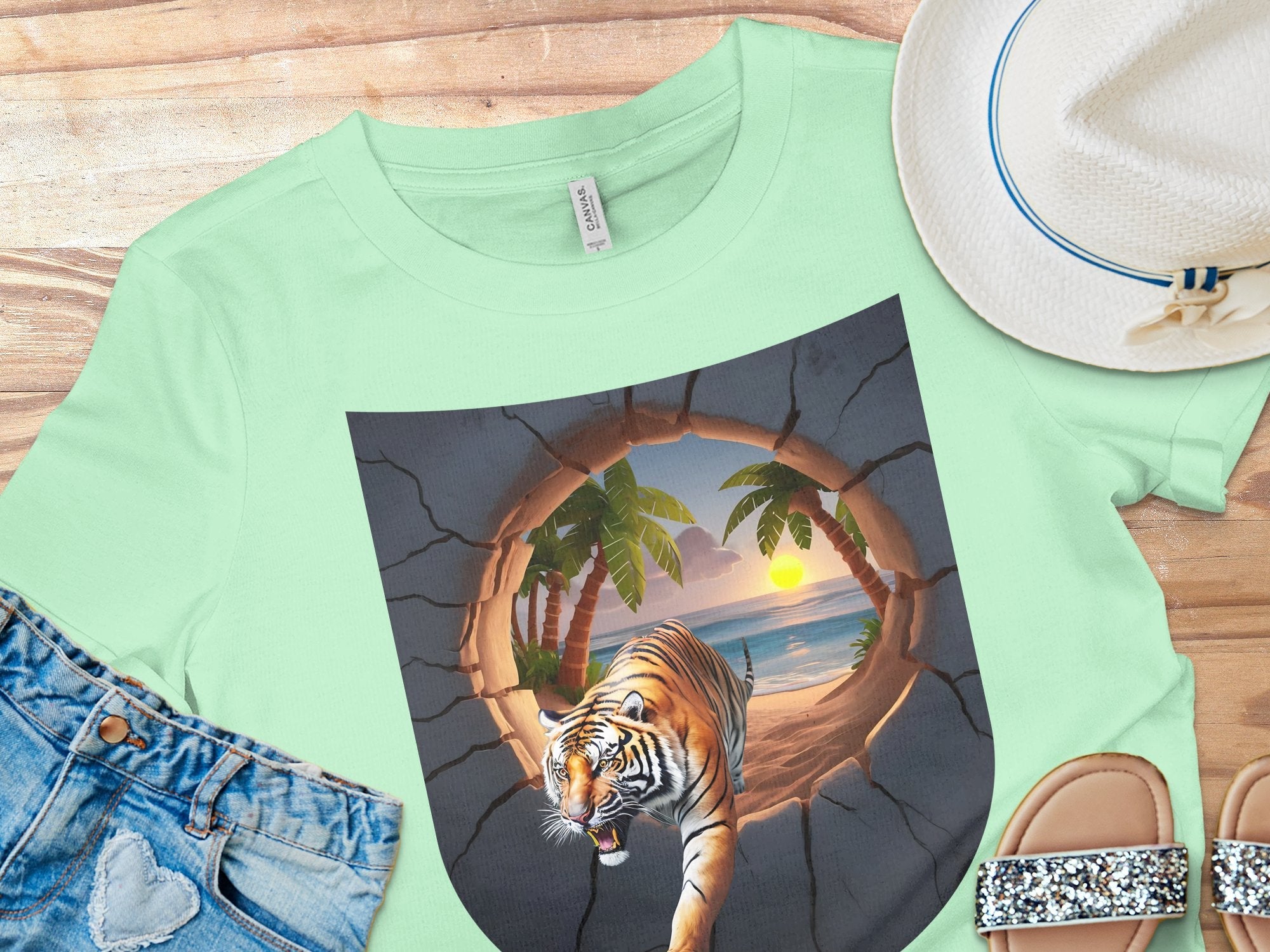 Tiger Beach Sunset T - Shirt, Tropical Adventure Graphic Tee, 3D Tiger Design, Surreal Beach Scene Shirt, Cool Animal Print Top, Unique Art - Miramor